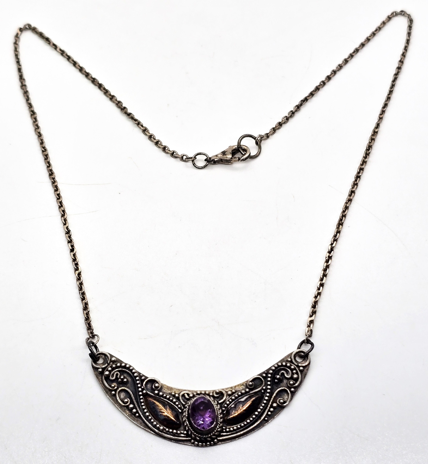 Amethyst Bali Balinese purple sterling silver gold vintage statement necklace