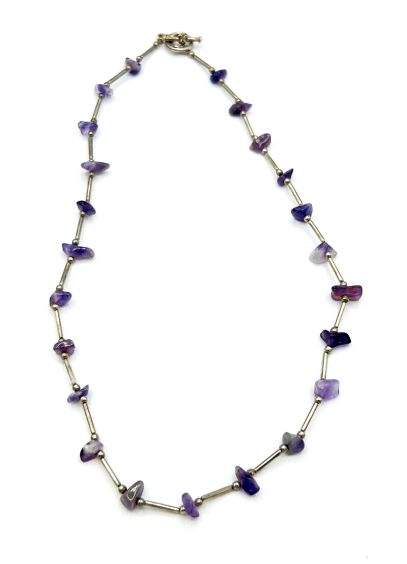 Vintage Purple Amethyst Chip Silver Tone Tube Bead Necklace 17 in