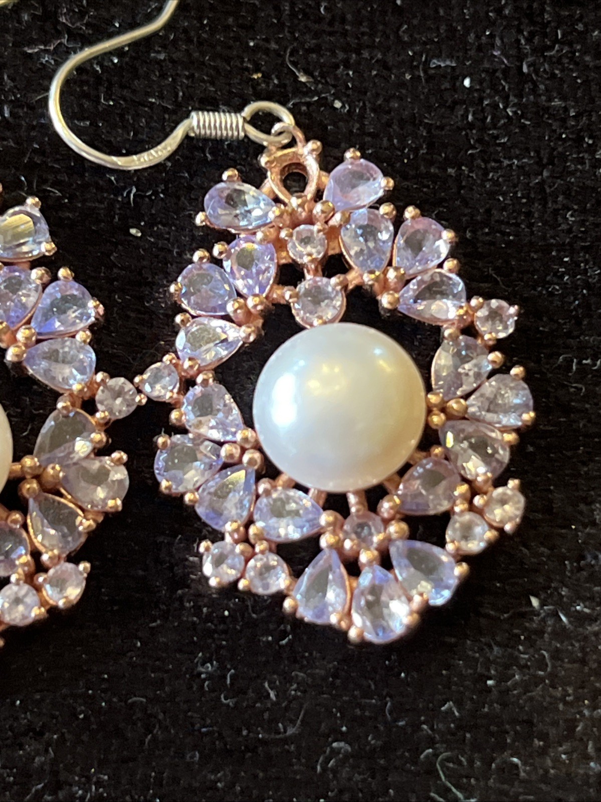 Vintage Tanzanite Real Pearl Dangle Drop Earrings 925 Wire Pierced 1.75” Classic