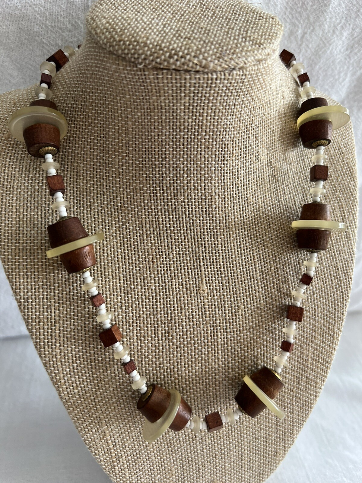 Vintage MIRIAM HASKELL Seed Bead, Wood and Lucite Disc Necklace Signed 19″ Long