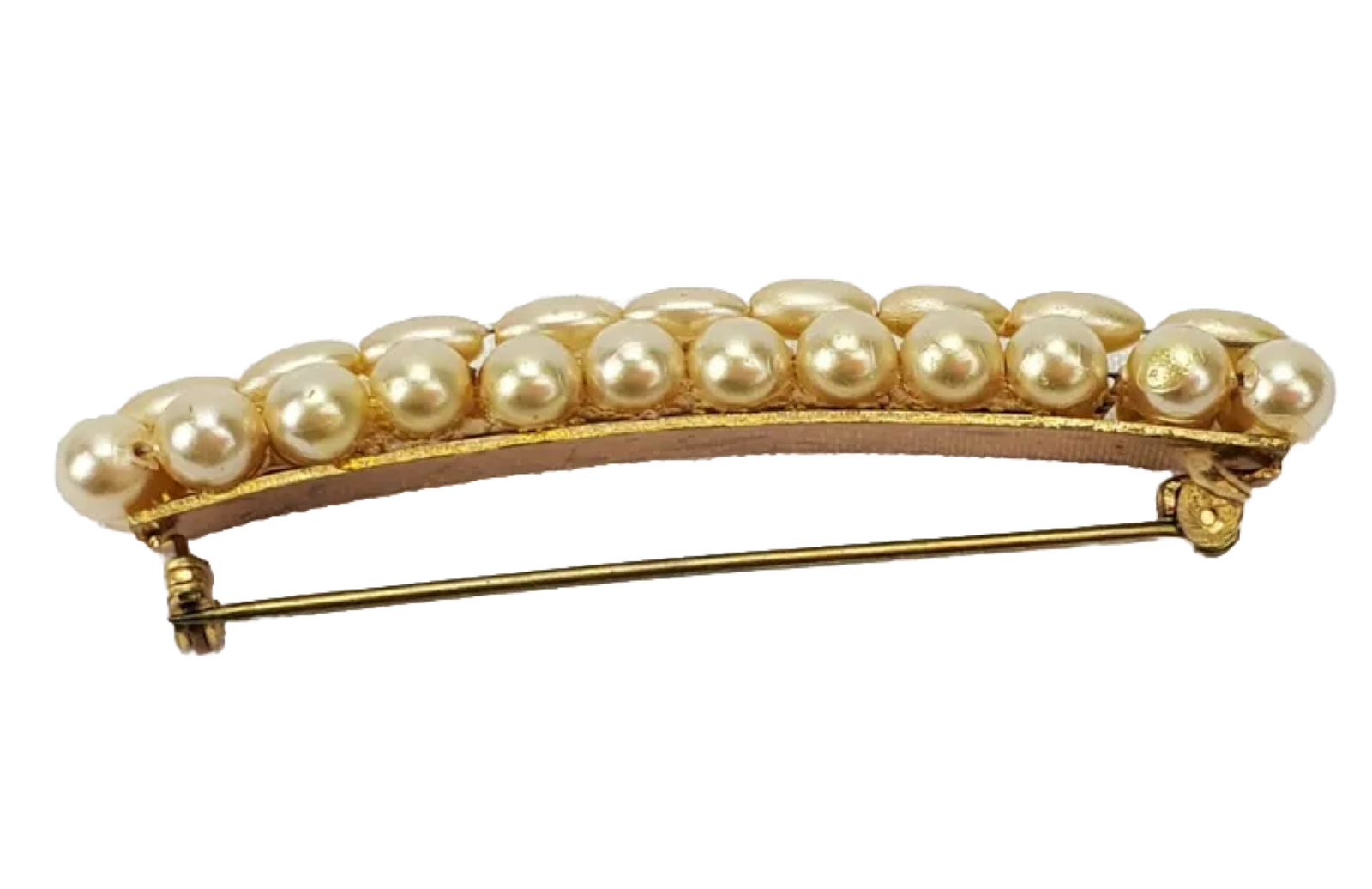 Vtg Brooch Bar Pin Pearls Faux Gold Tone Holiday 2.5”x.0.5” Unsigned 40s 50s 60s