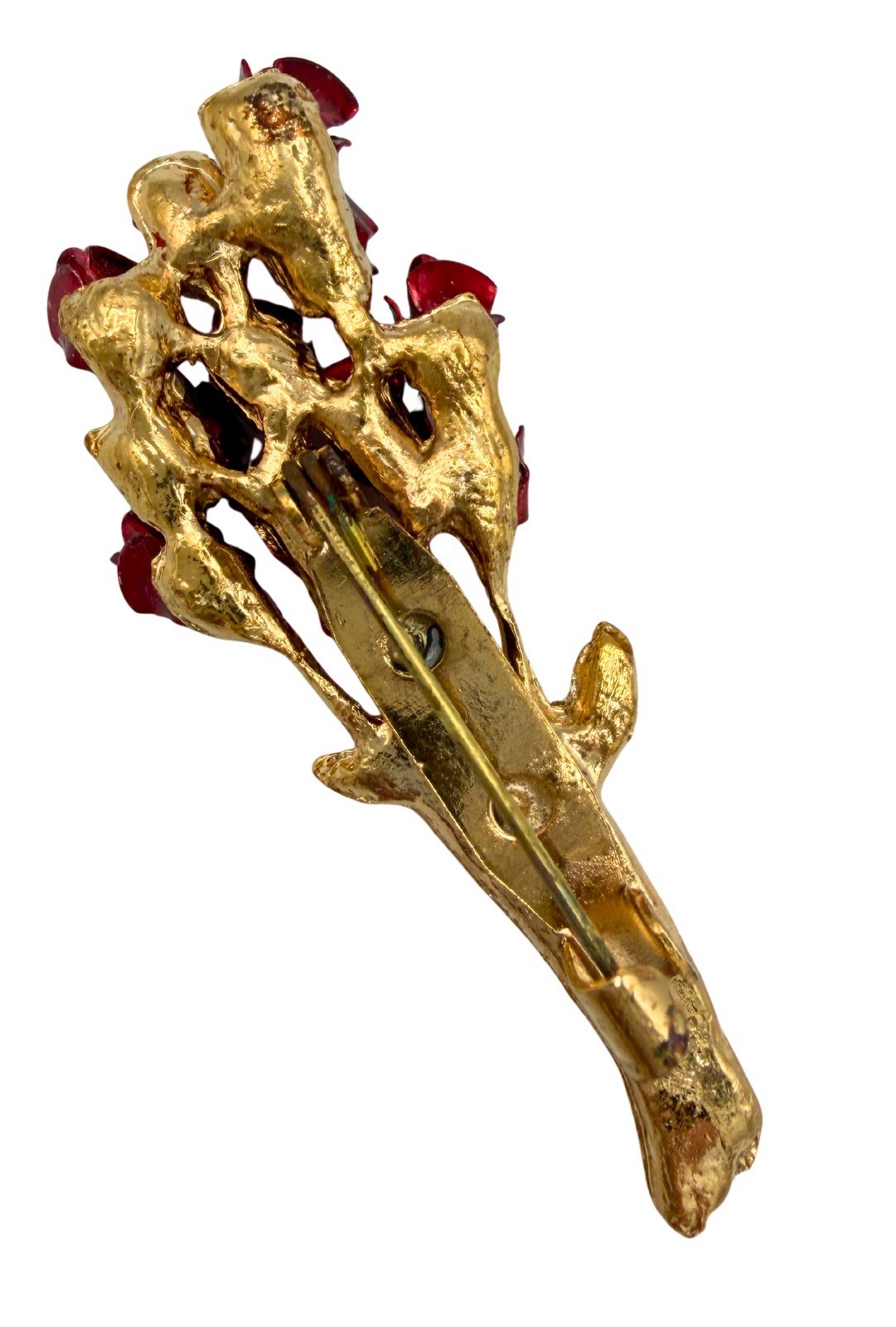 Vintage Dozen Red Rose Bouquet Red Gold Tone Metal Lapel Pin Brooch Valentines