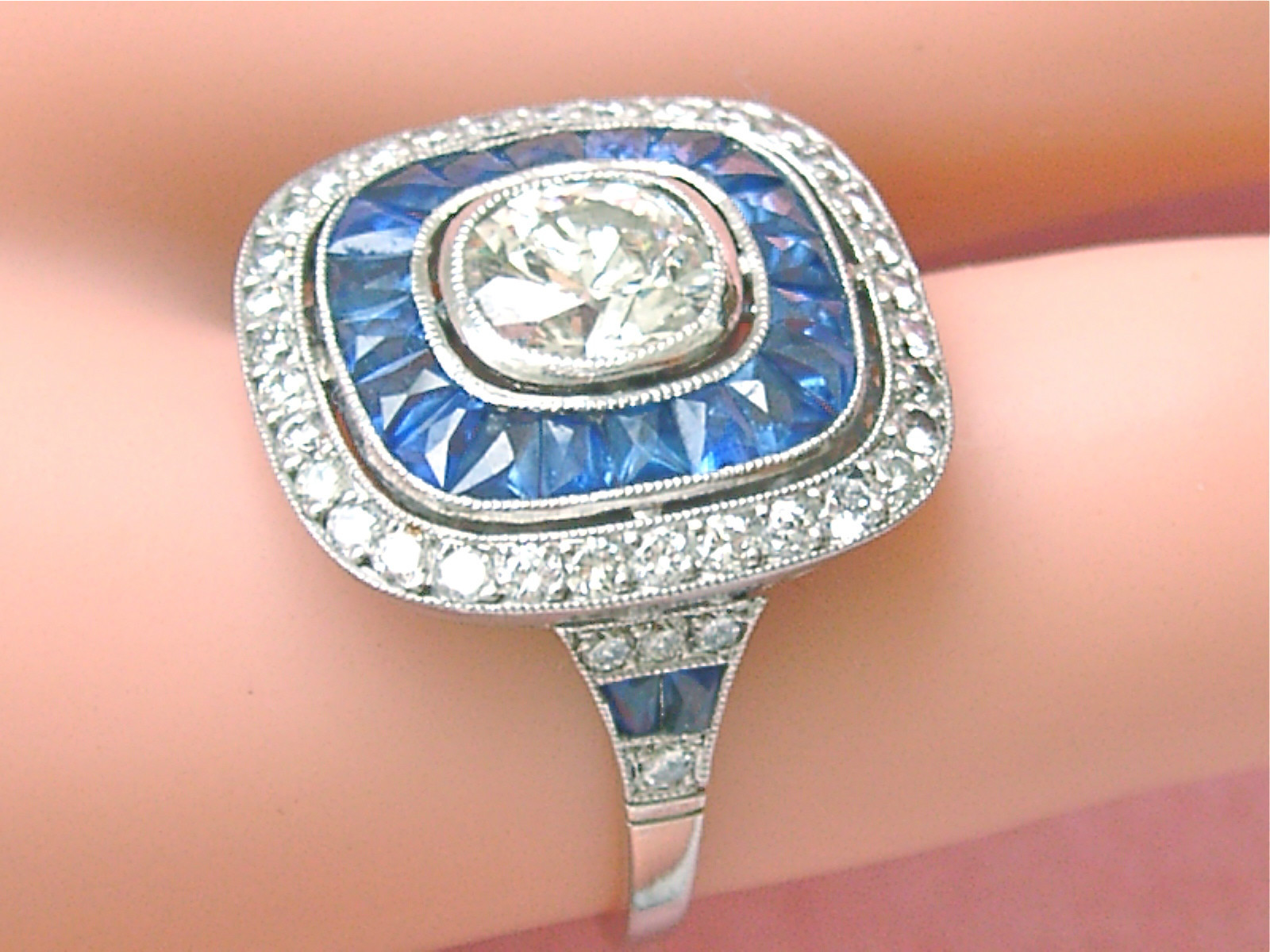 ART DECO 1.97ctw DIAMOND 1.2ctw SAPPHIRE HALO ENGAGEMENT CUSHION COCKTAIL RING