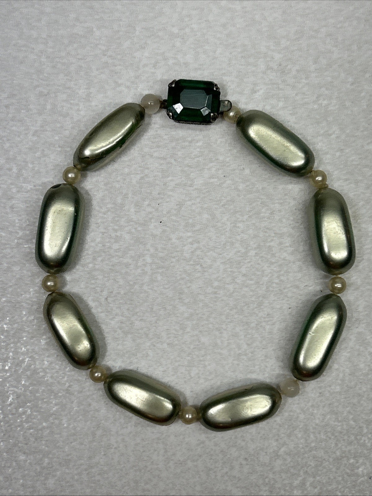Vintage Beaded Bracelet With Sterling Clasp And Simulated Emerald