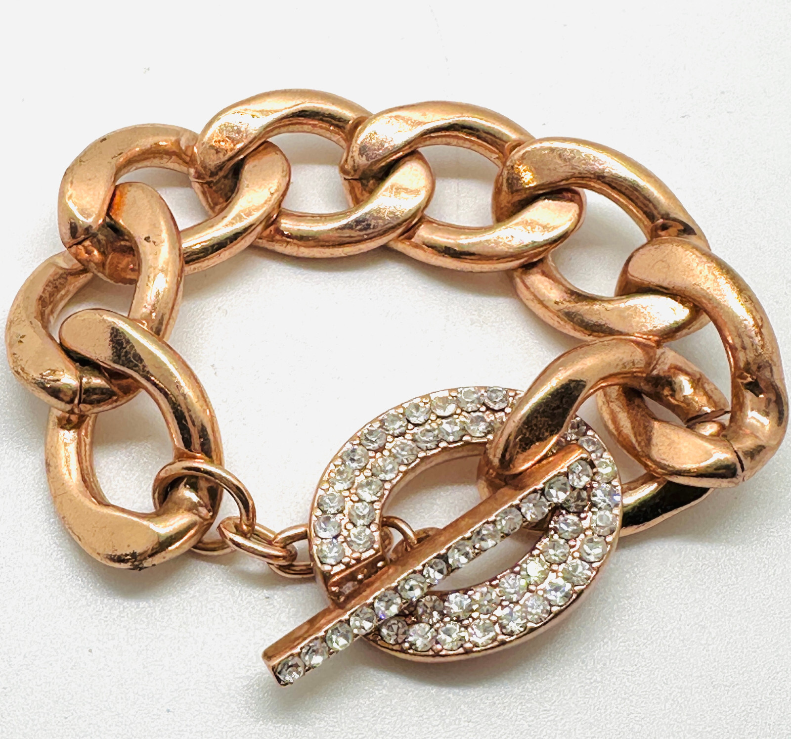 Vtg Copper Color Chunky Link Rhinestone Toggle Bracelet 7.5″ Minty Condition