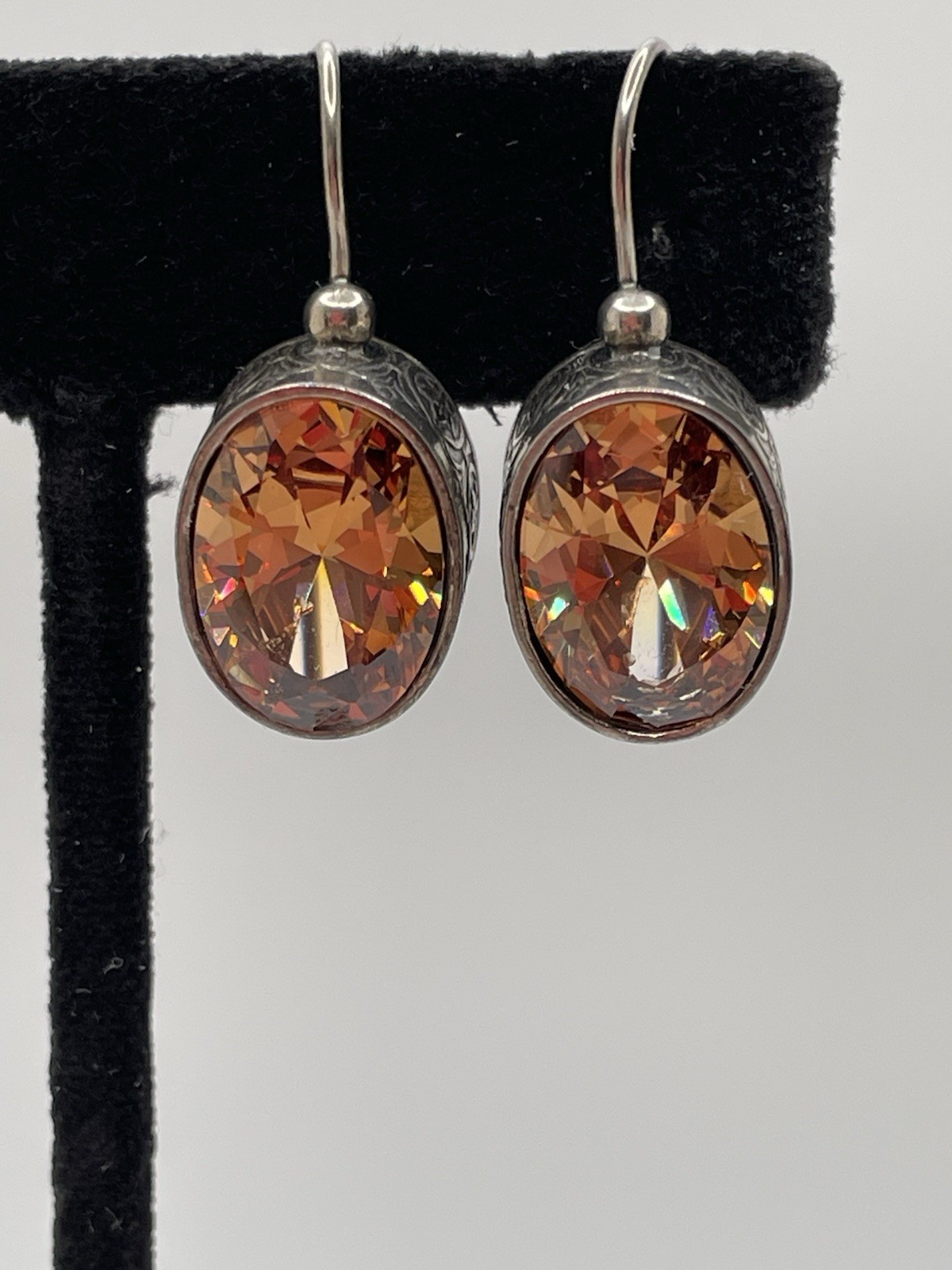 Vintage 925 Sterling Silver Dangle Drop Earrings Faceted Brownish Set Repousse