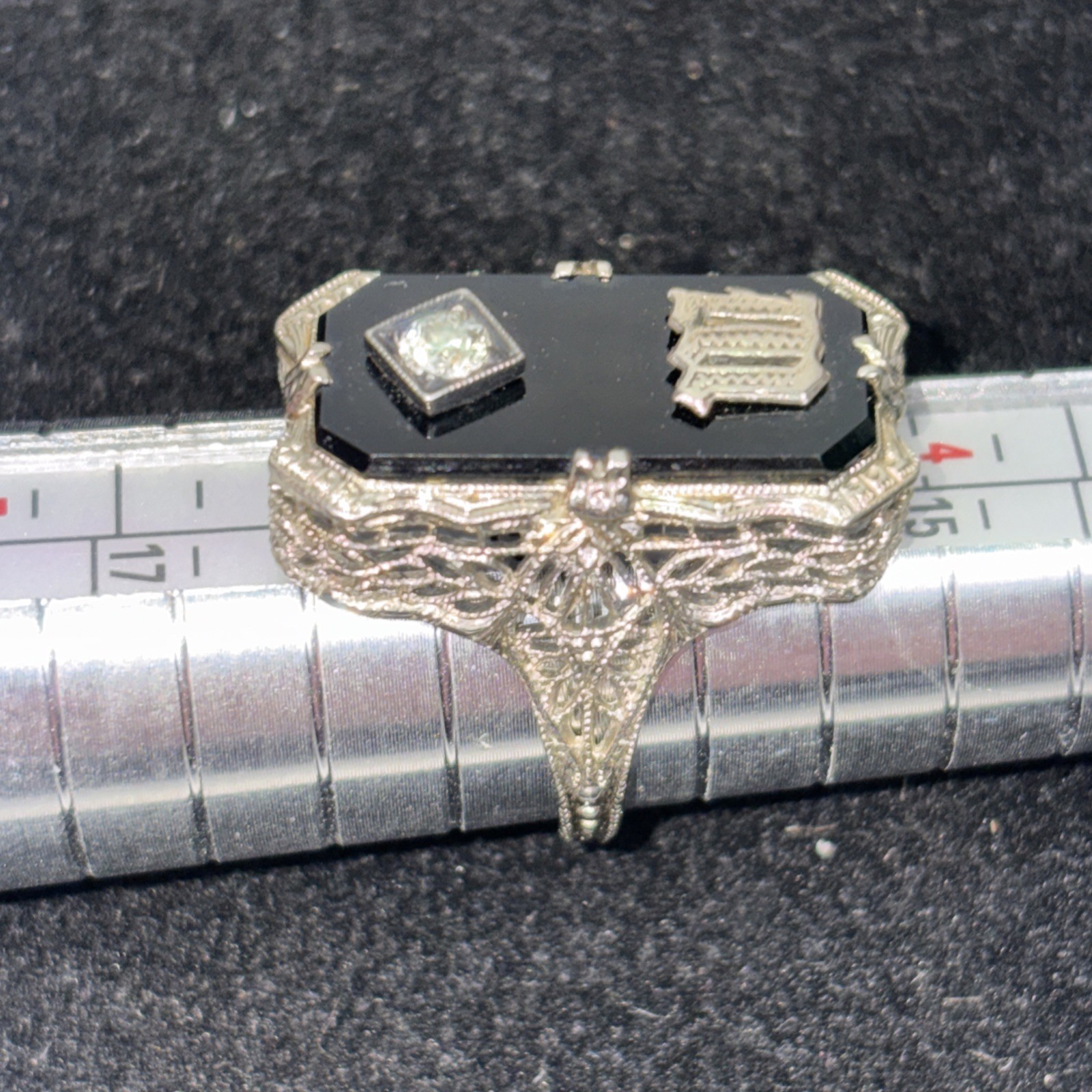 Antique Art Deco Era 14k WG Filagree Black Onyx Diamond Ring 4.4 grams Total