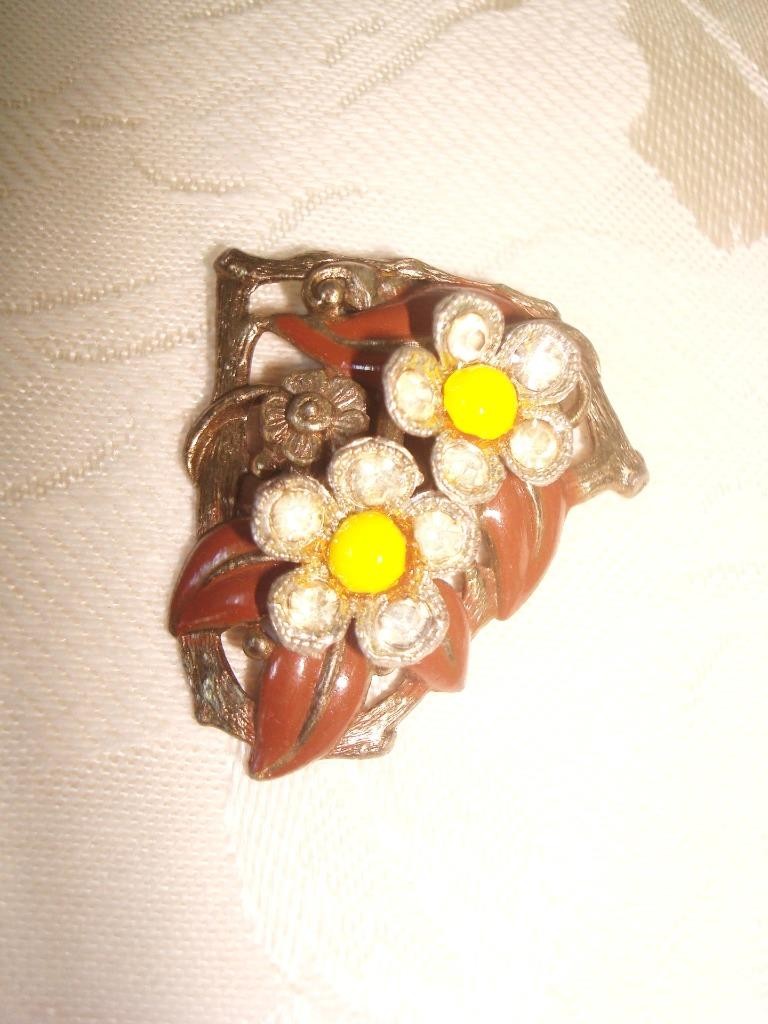 Art Deco New England Glass Works Dress Clip Rhinestone Flowers Brown Leaves KJ