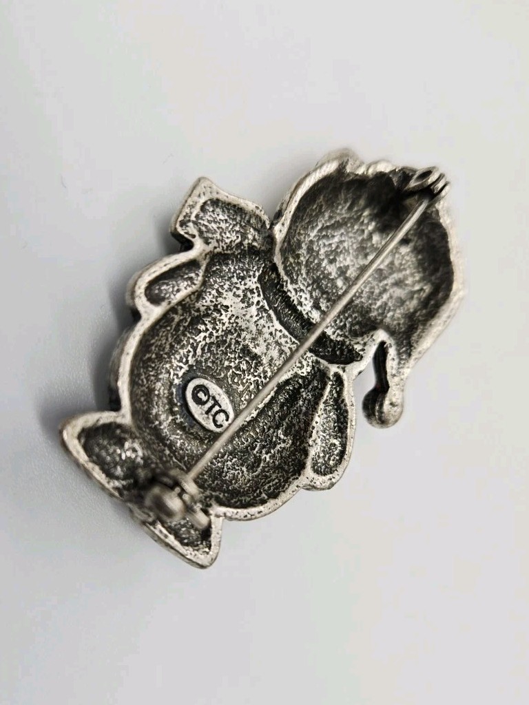 Christmas Cat Brooch Signed TC Vintage Pewter Finish Enamel Crystal Kitty Pin