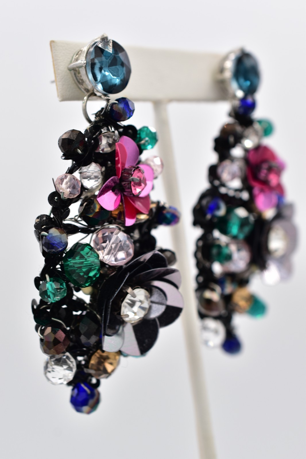Vintage Sequin Flower Drop Dangle Earrings Rhinestone Chunky Statement Y2K BinAY