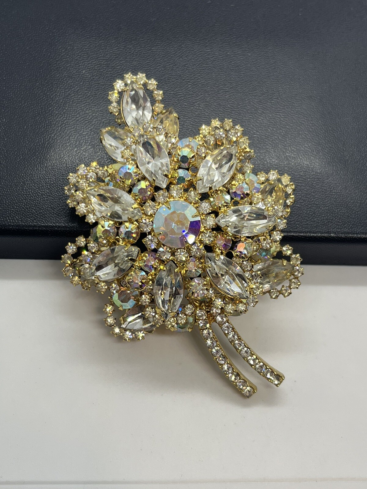 DeLizza and Elster Juliana clear & aurora borealis AB rhinestone leaf brooch pin