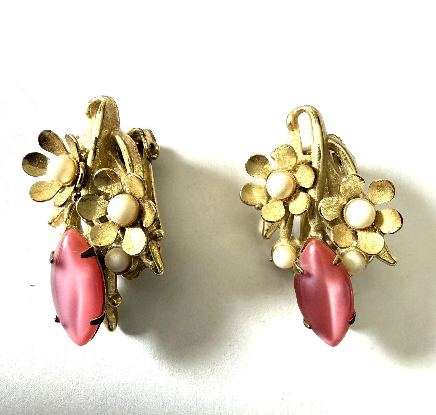 Vintage Floral Cluster Necklace and Clip On Earrings Set W/ Pink Marquis Stones