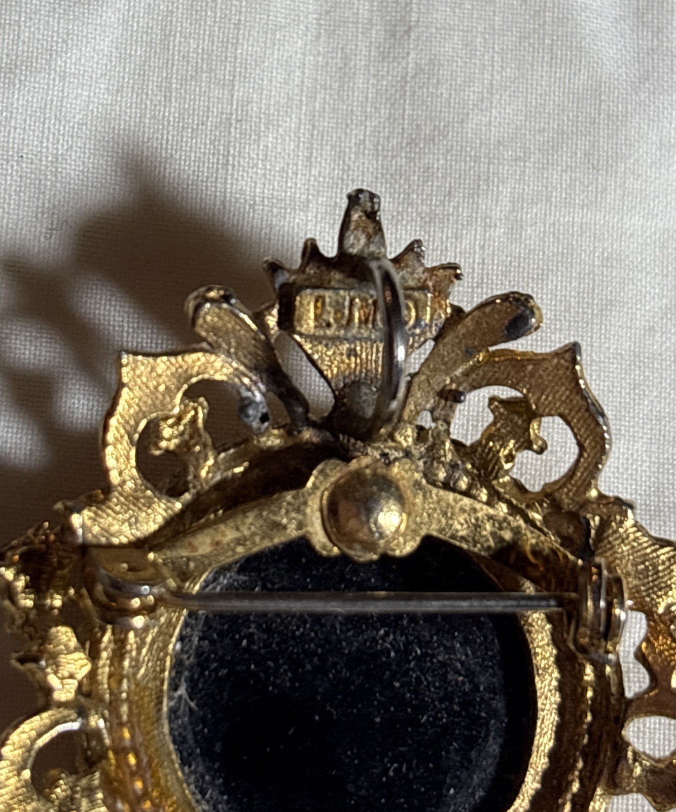 Vintage Art Deco Gold Tone Black Rhinestone Tassel Mourning Brooch Signed LJM