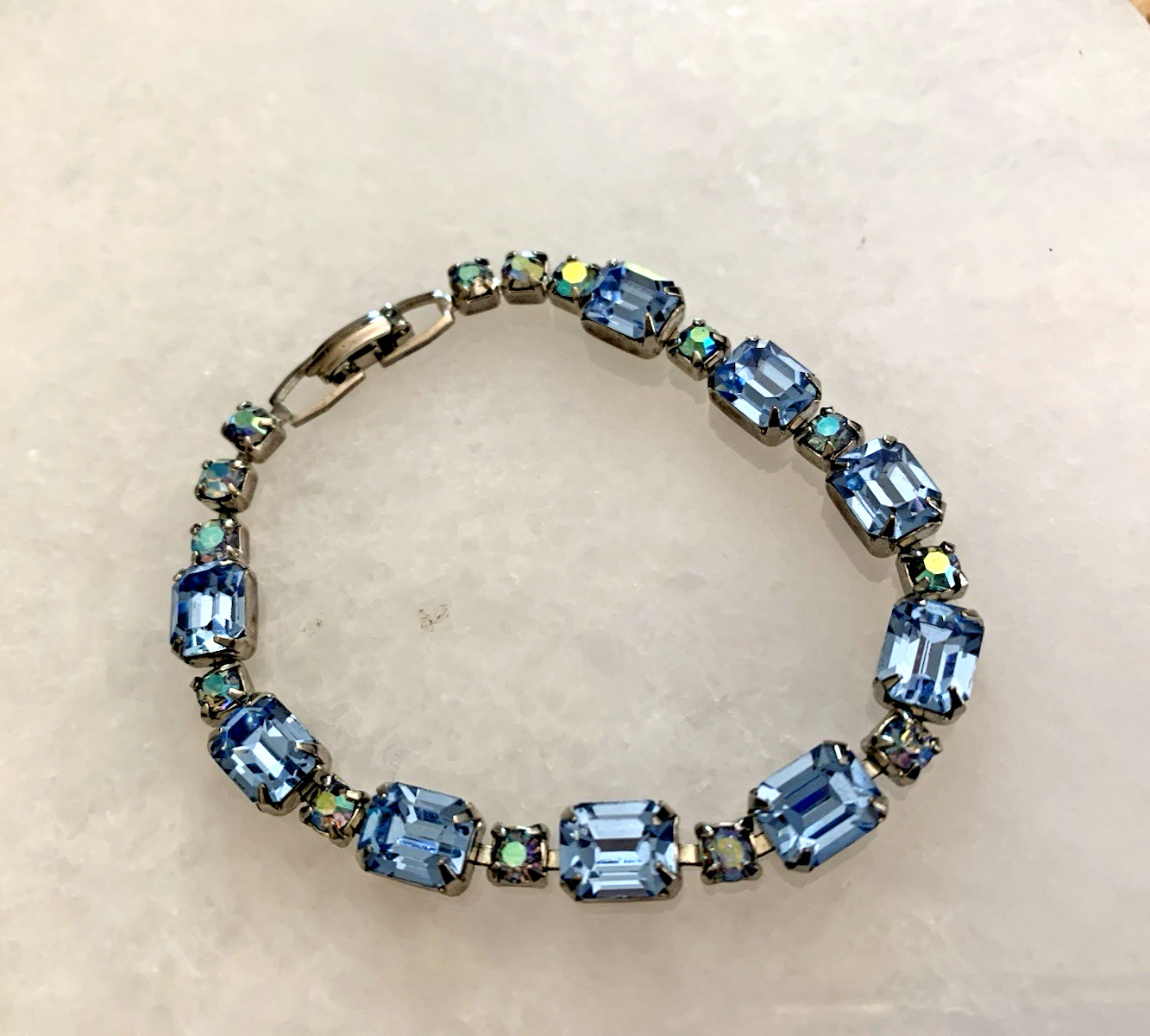 Weiss Vintage Blue Emerald and Round Cut Rhinestone Bracelet