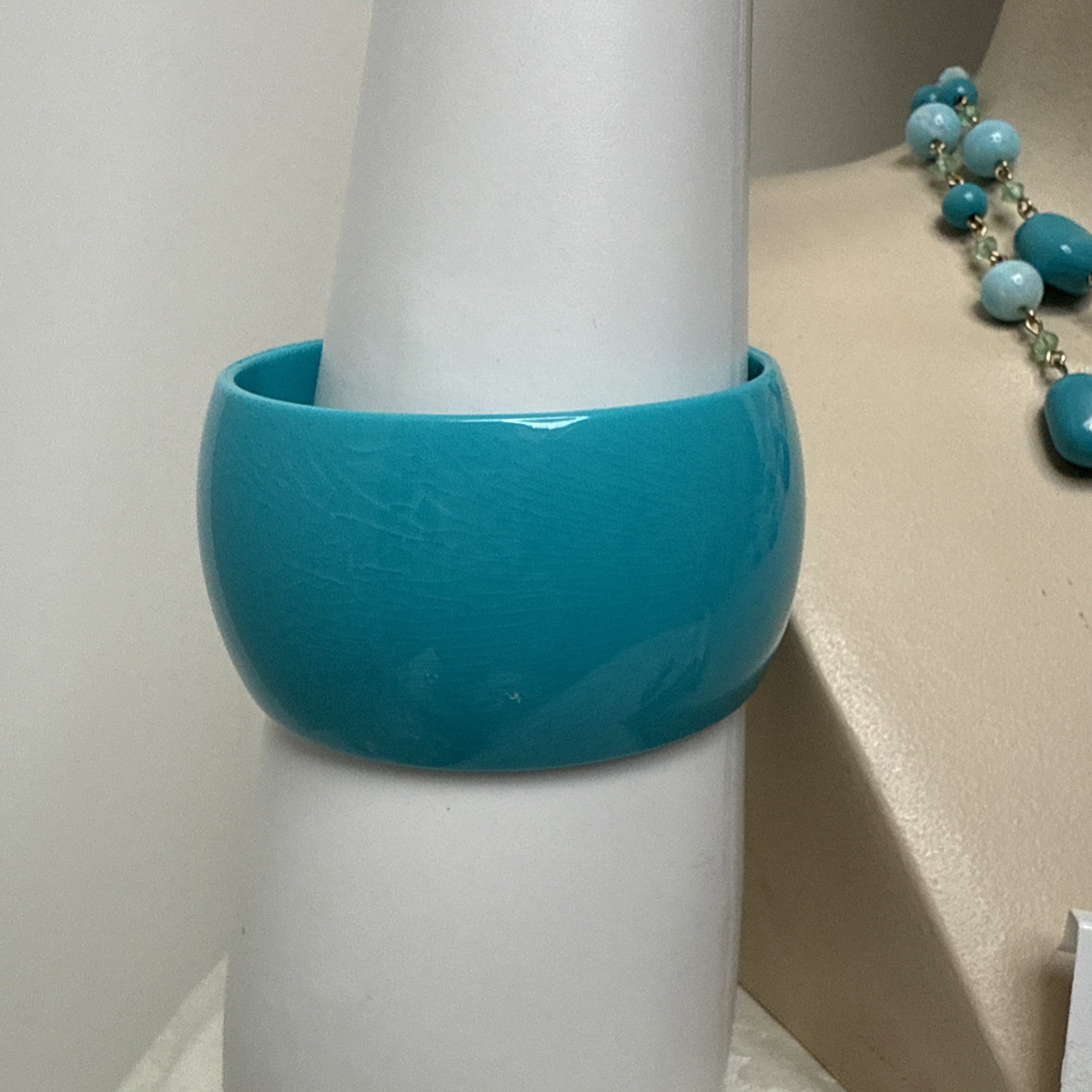Vintage Blue Tones Bead Necklace Bangle Bracelet Pierced Stud Earrings Set of 3