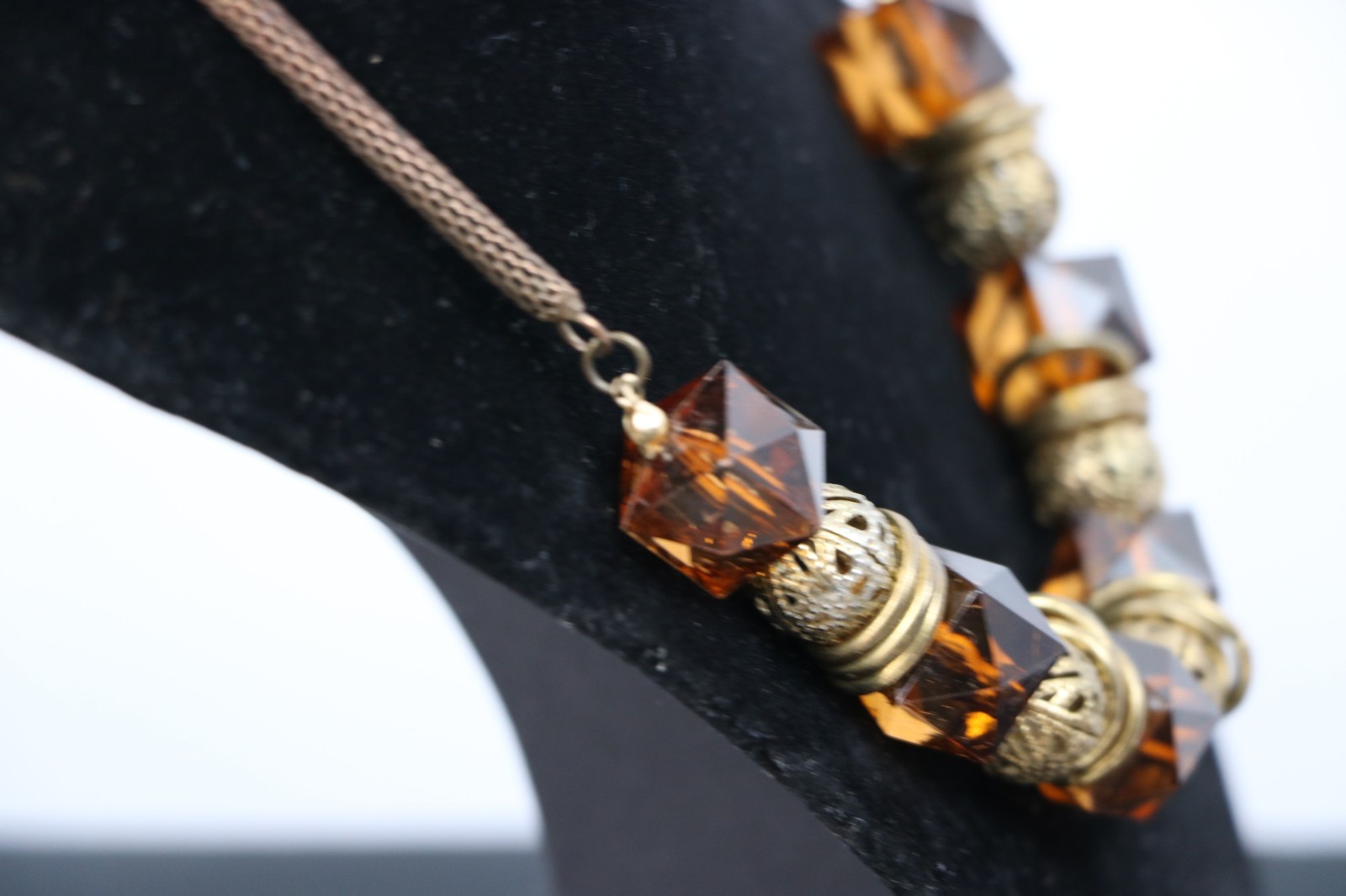 Vintage 80s Amber Lucite & Gold Filigree Beaded Statement Necklace Mesh Chain