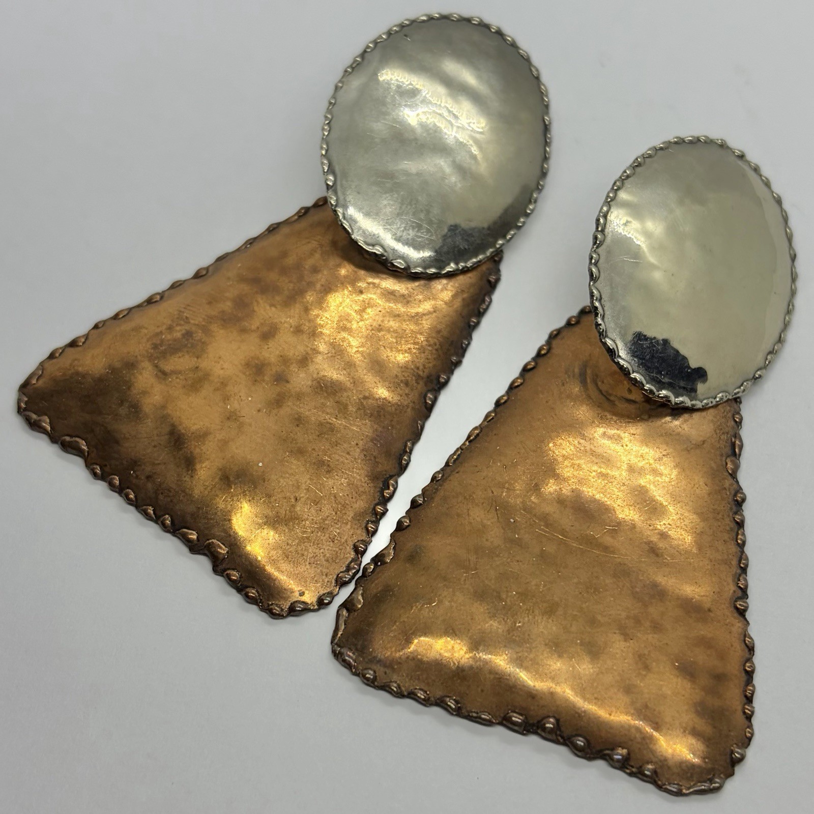 Vtg Big Artisan Mixed Metal Brutalist Statement Earrings Geometric Post Hammered