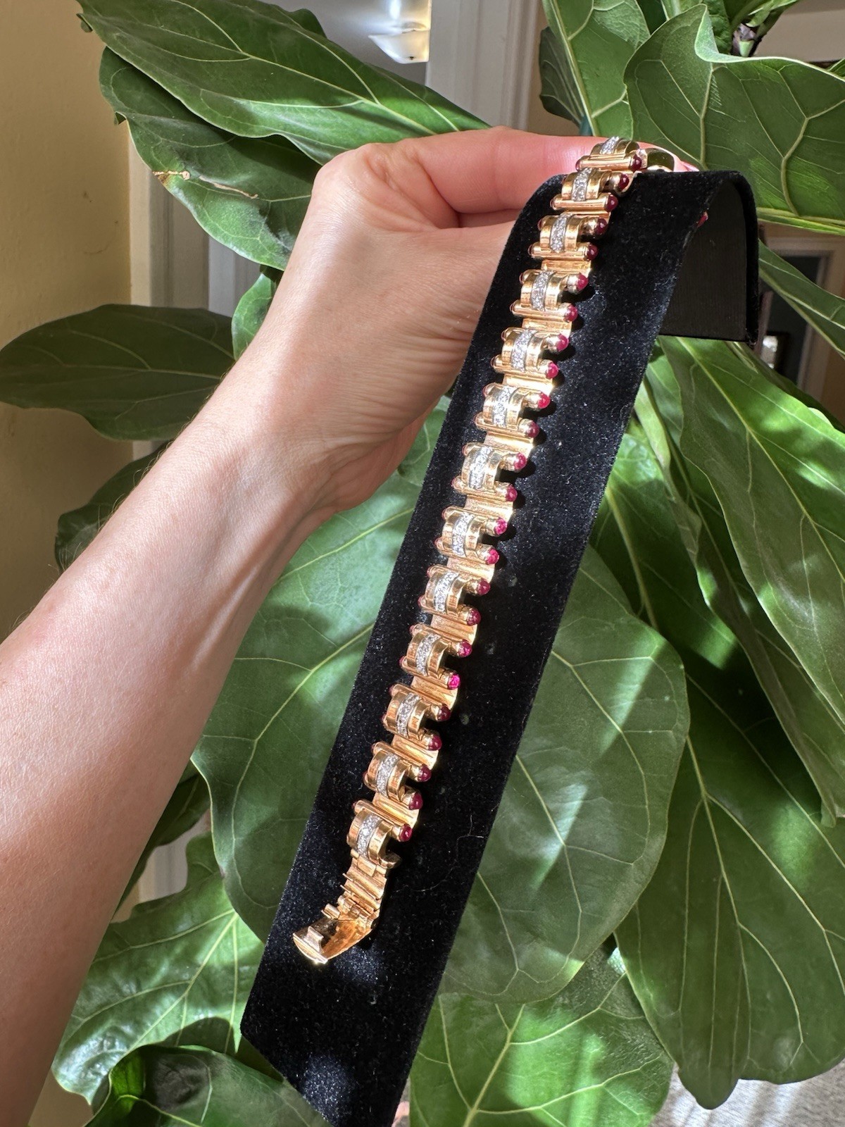 Signed J. Roca Retro Diamond & Cabochon Ruby Bracelet – 18k Rose Gold