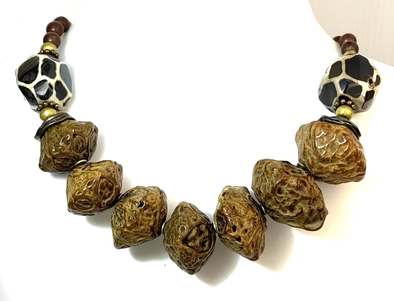 Paldao Dracontomelon Seeds & Honeycomb Agate Necklace Wire Clasp Artisan Vintage