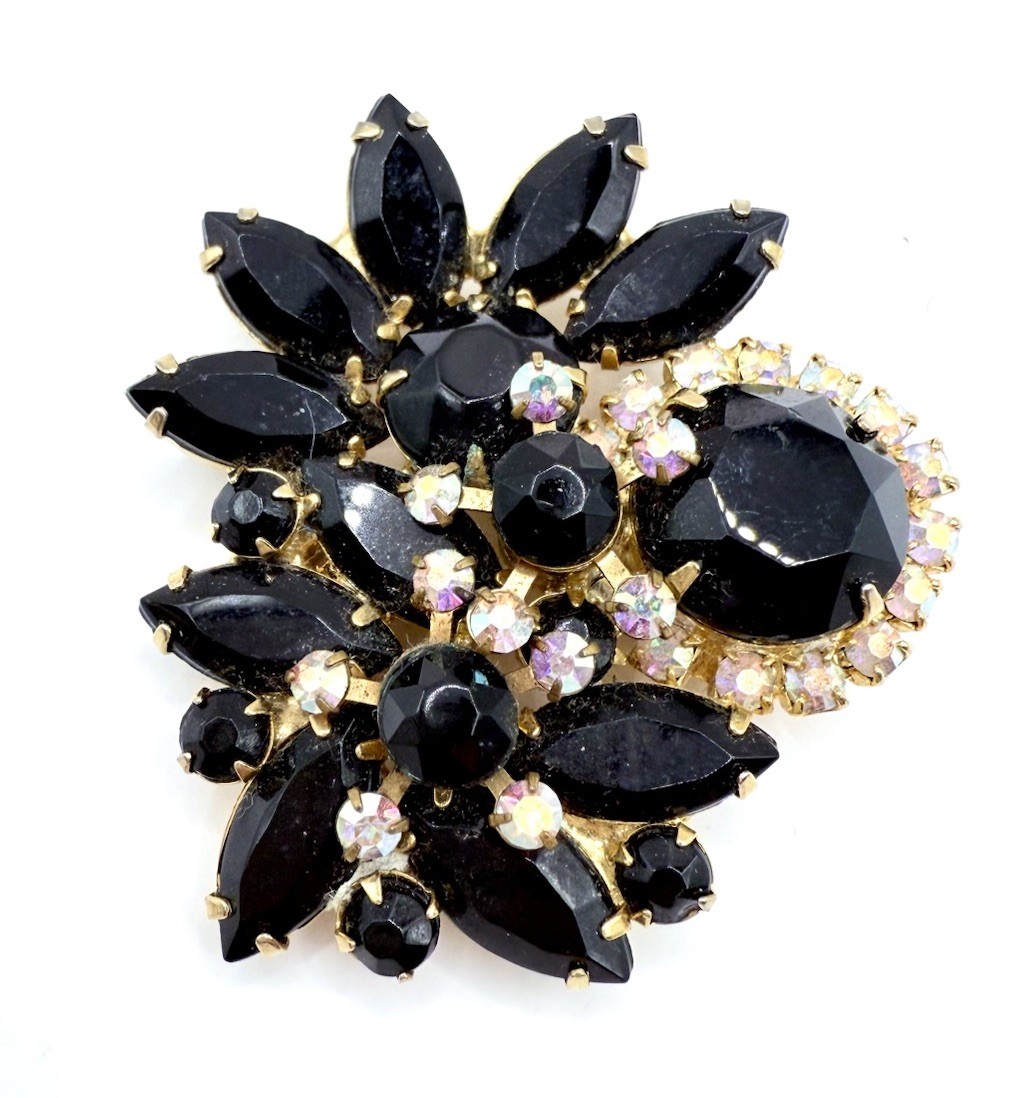 JULIANA Delizza & Elster Black and AB Rhinestone Brooch Vintage Jewelry