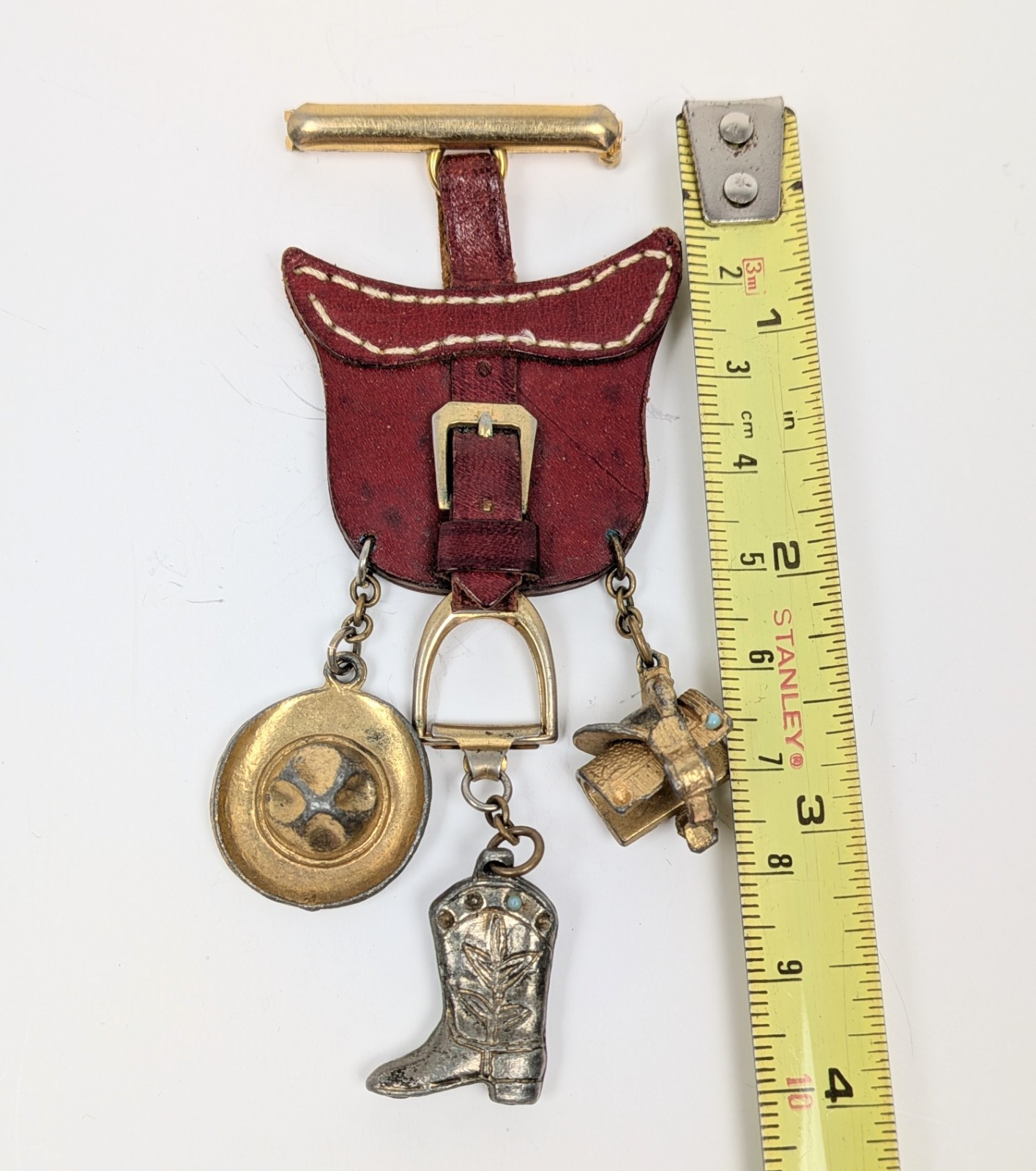 Western Cowgirl Equestrian Brooch RARE Rodeo Leather Saddle Chatelaine Charms