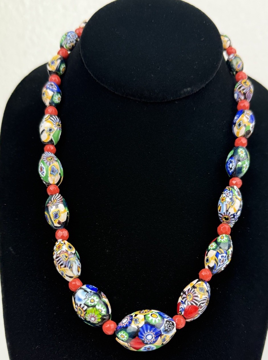 Venetian Millefiori Glass Graduated Bead Necklace Multicolor Oval Beaded 19” VTG