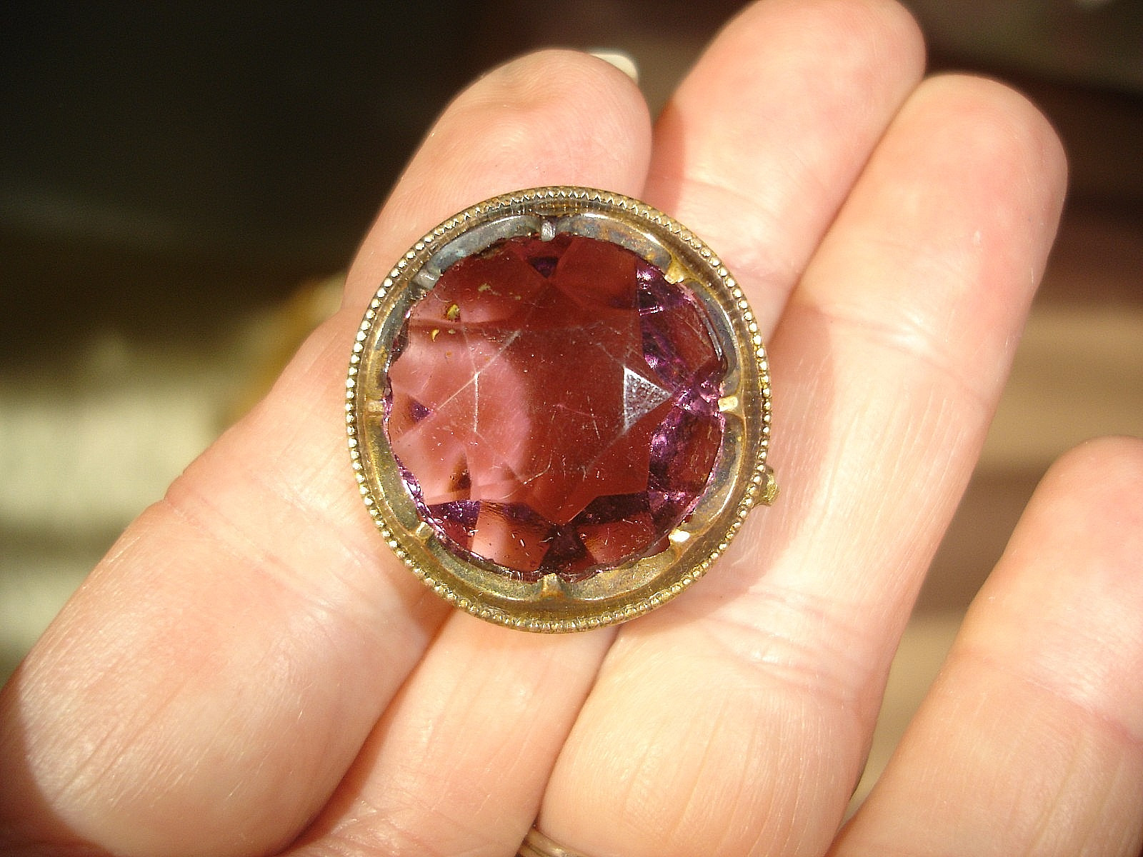 Antique C-Clasp Amethyst Faceted Glass Open Back 1 Inch Round Pin Brooch
