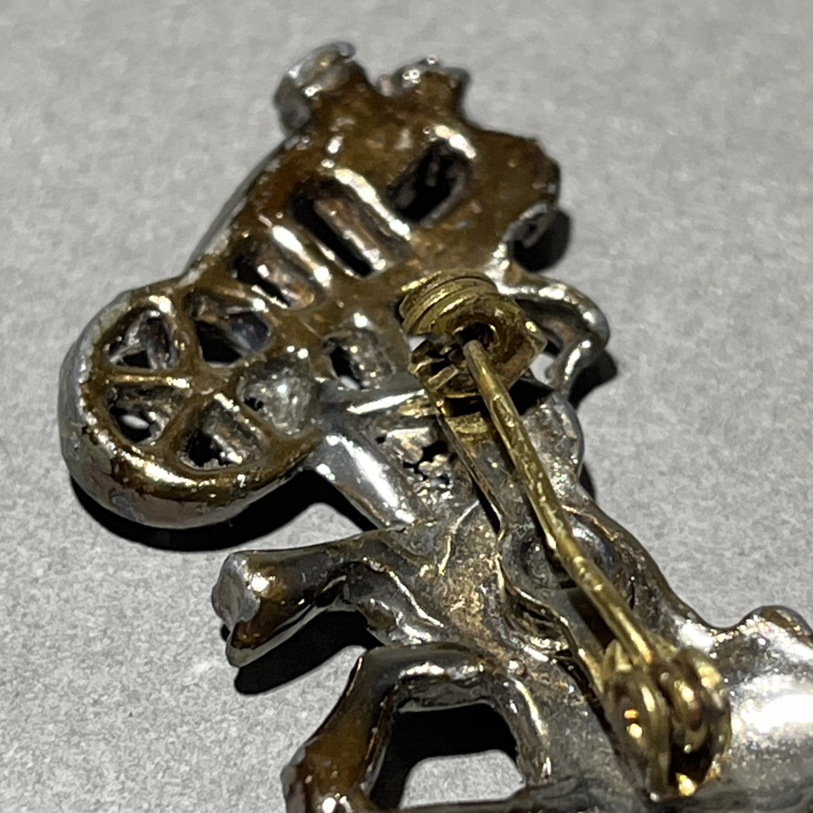 Horse & Carriage Brooch W/ Rhinestone Accent Rollover Safety Lapel Pin