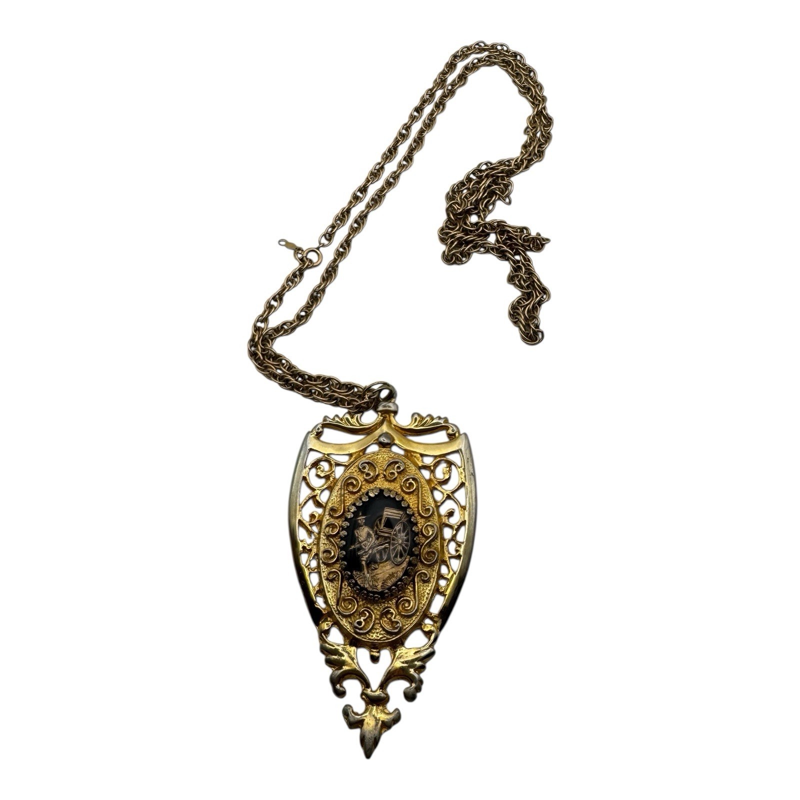 1950s Chinoiserie Intaglio Necklace Gold-Tone Filigree Pendant AC Co. 12KT GF