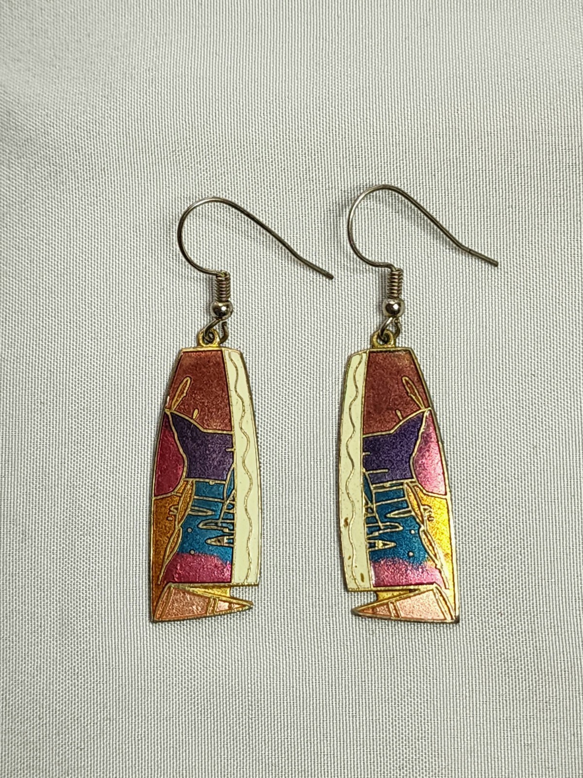 Cloisonne Enamel Abstract Red Blue Purple Orange Cream Dangle Earrings