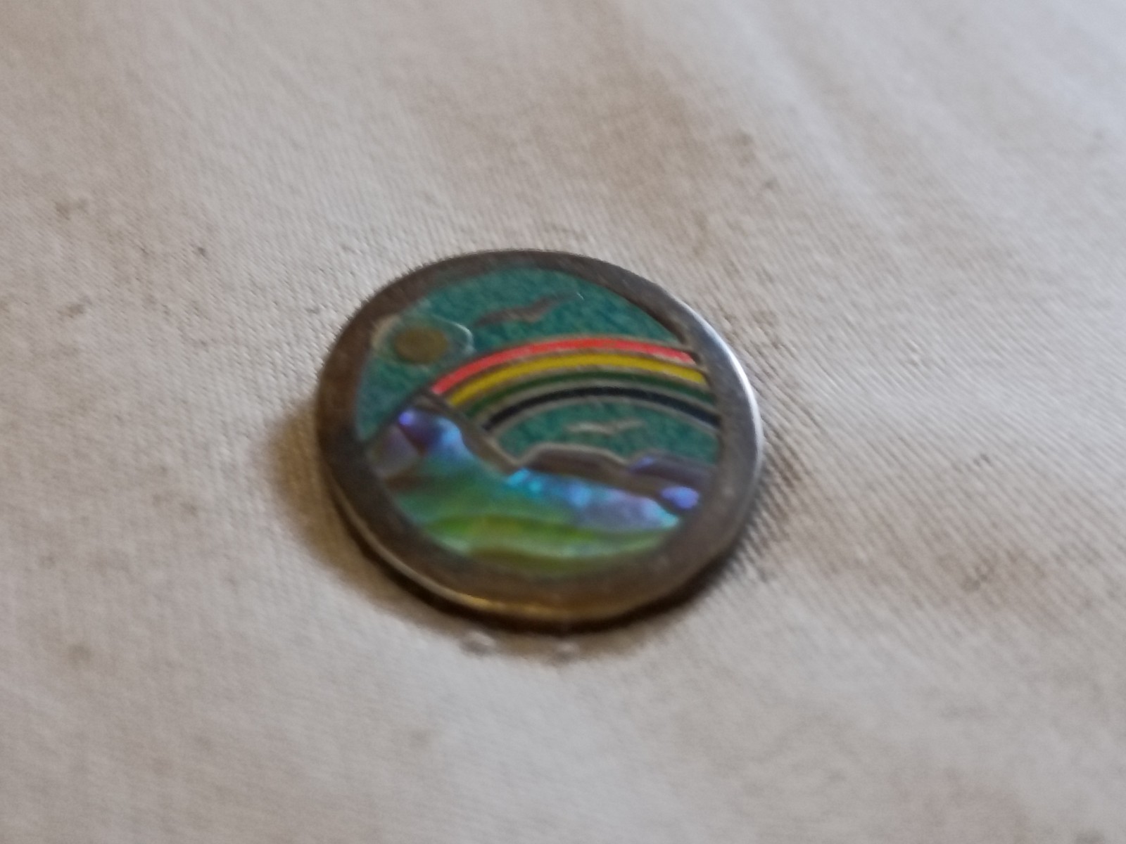 Vintage Abalone, Turquoise Chip Inlay, and Enamel Rainbow Pendant.