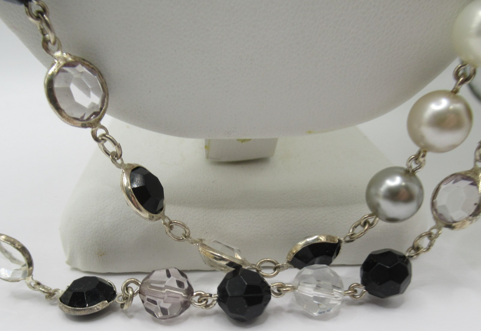 Bezel Set Black Clear Gray and White Faux Pearl and Crystal Necklace Long