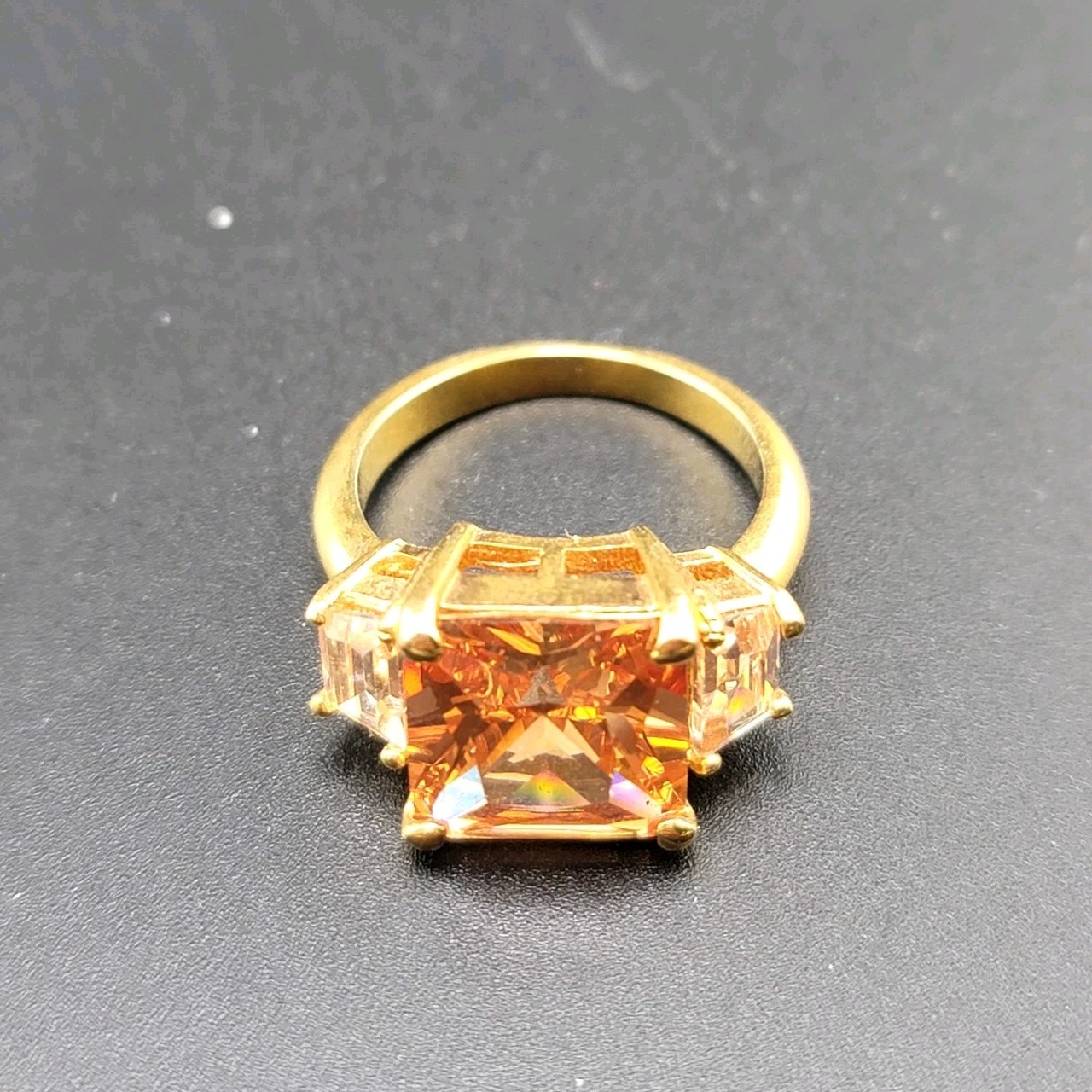 Vtg Sz 7 Ring Lg Citrine Clear Cubic Zirconia 18KGE Fashion Jewelry Glam Sty2S