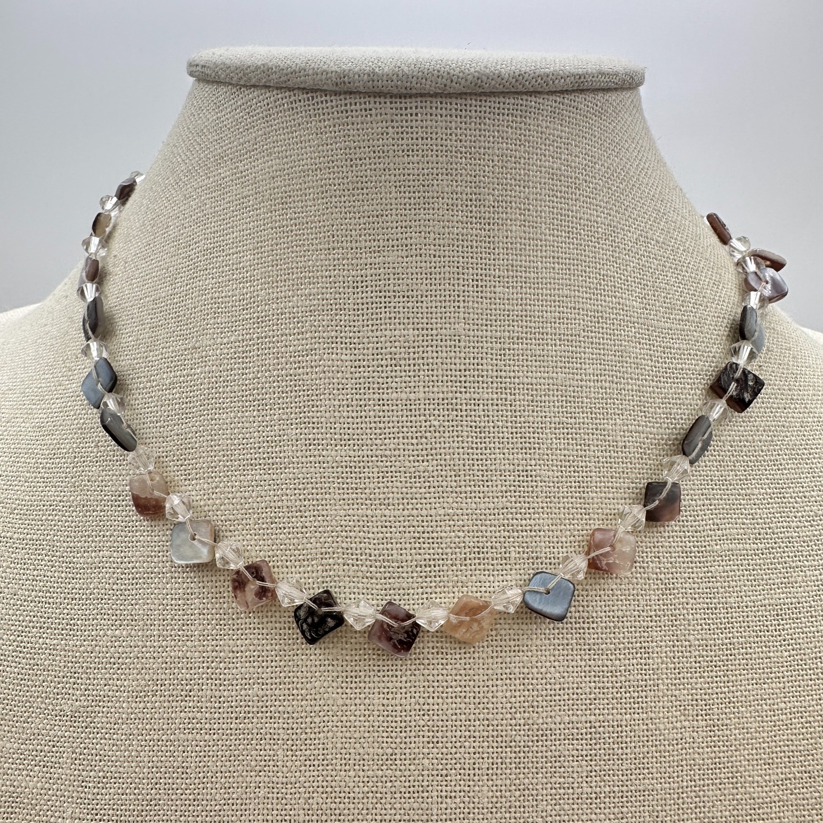 Vintage 90s Square Tile Shell Glass Beaded Choker Necklace Silver Tone Jewelry