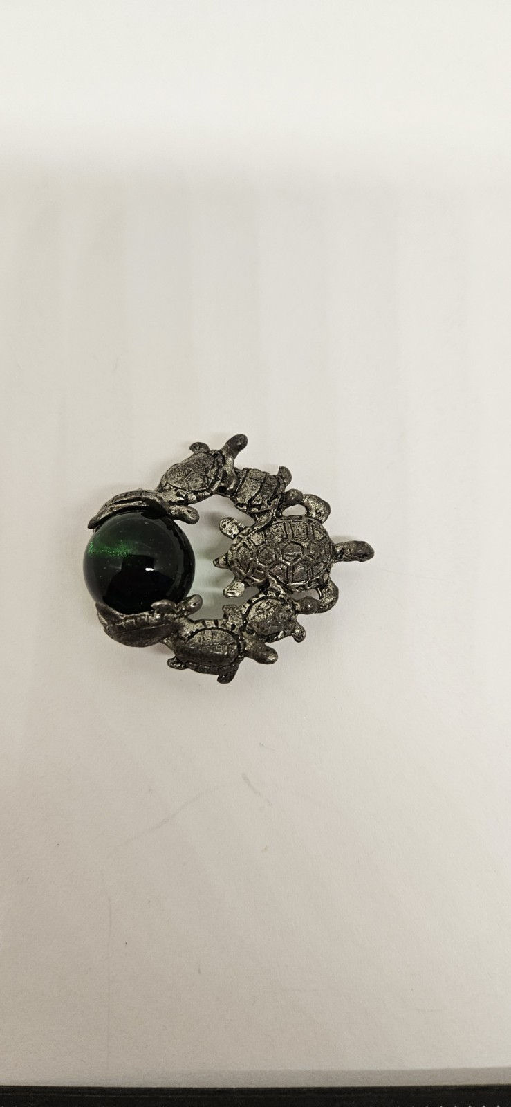 CCI Comstock Turtle Pendant Green Glass Or Crystal Stone Pewter Silver Signed