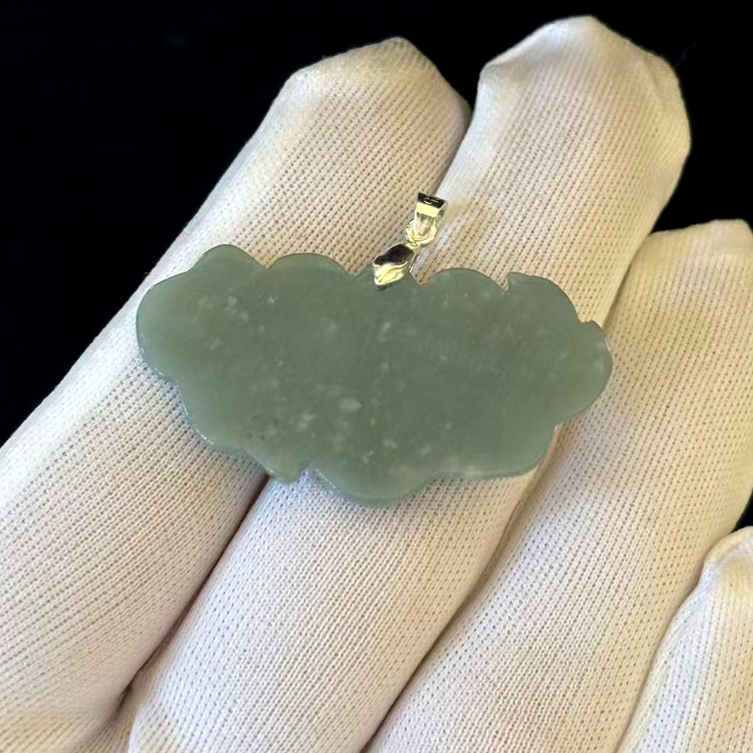 Vintage Natural Jade Jadeite Pendant Carved Fan, 5.6 g, 44x25mm, Free Necklace