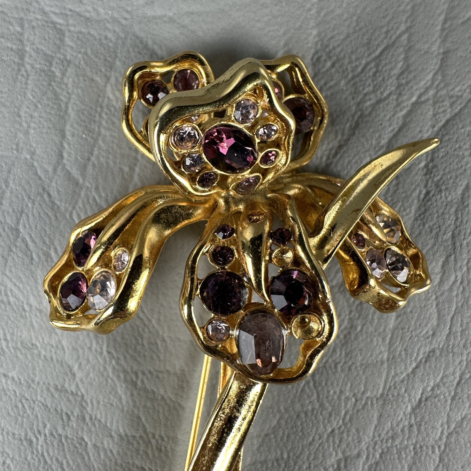 Vintage Flower Brooch Gold Tone Orchid Iris Purple Rhinestones 3.25″