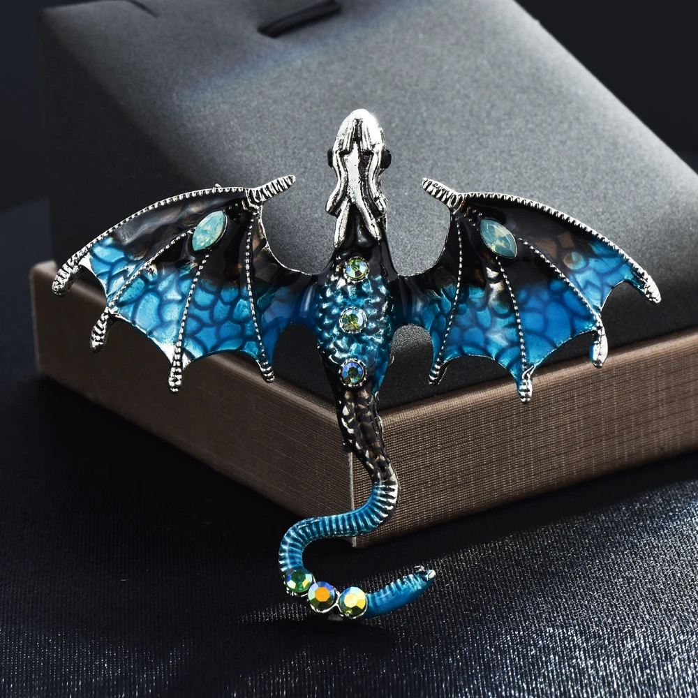 Enamel Dragon Brooch For Women Men 6-color Rhinestone Flying Legand Animal Pins