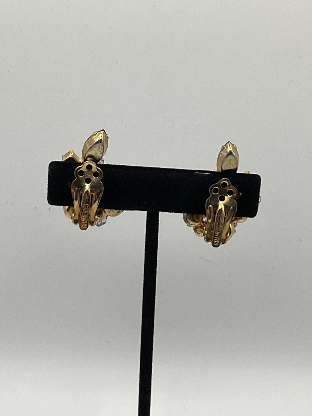 Signed Kramer Ruby Red AB Rhinestone Dangle Clip On Earrings VTG