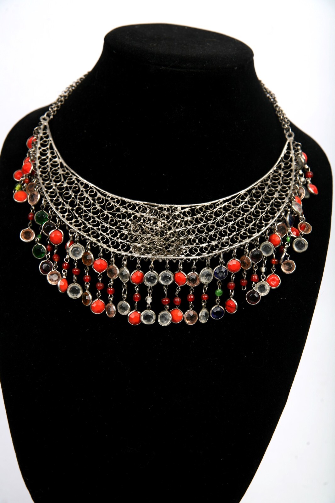 Vintage Bib Collar Choker Necklace Beaded Fringe Artisan Hand Made Mesh Filigree