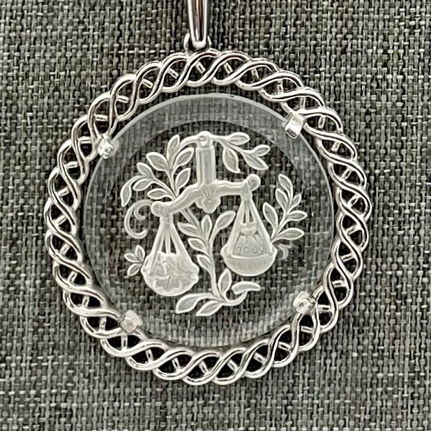Crown Trifari Pendant Necklace Scales of Justice Reverse Etching Glass 22 Inches