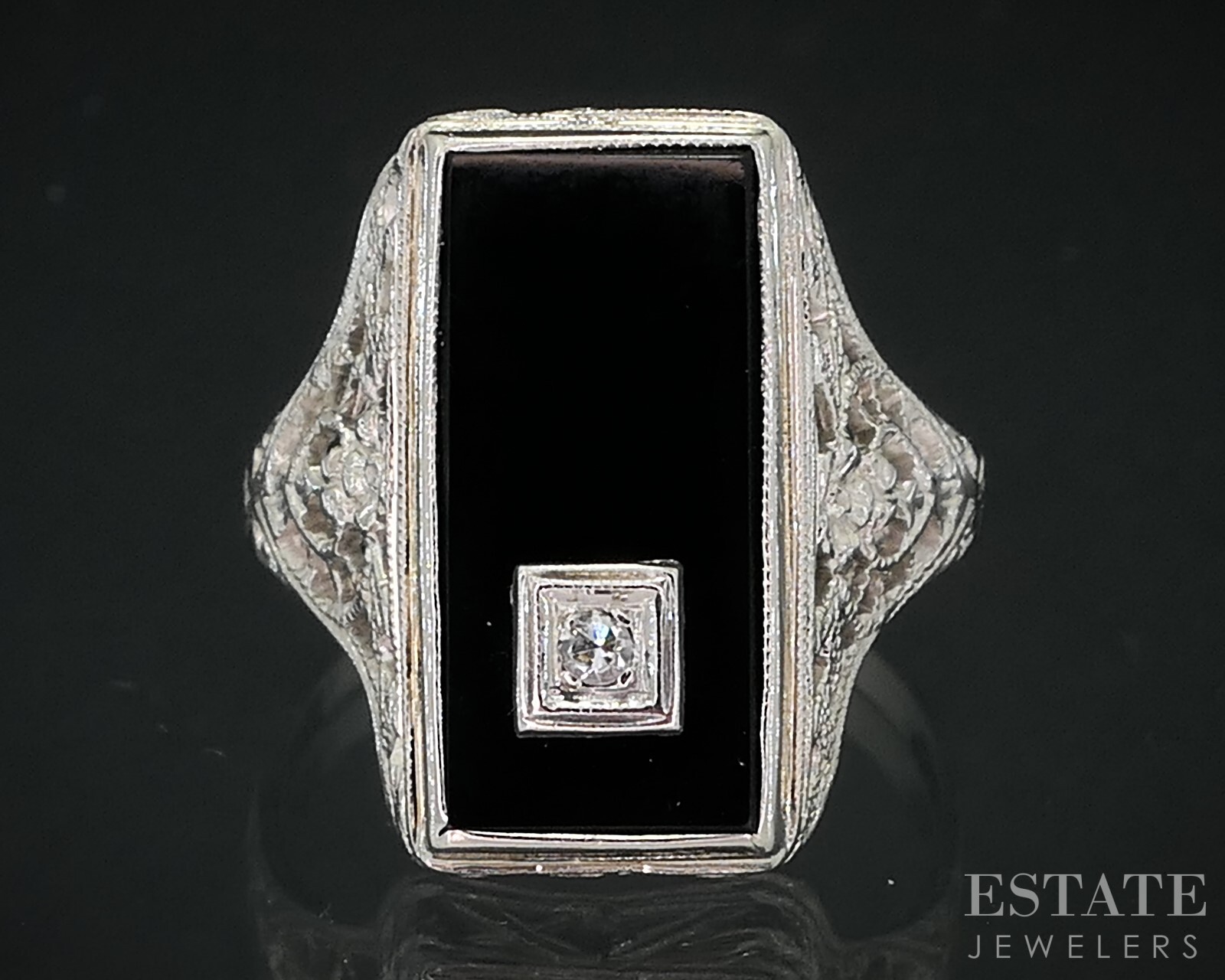 Antique 14k White Gold Natural Black Onyx & Diamond Filigree Ring 2.5g i18650