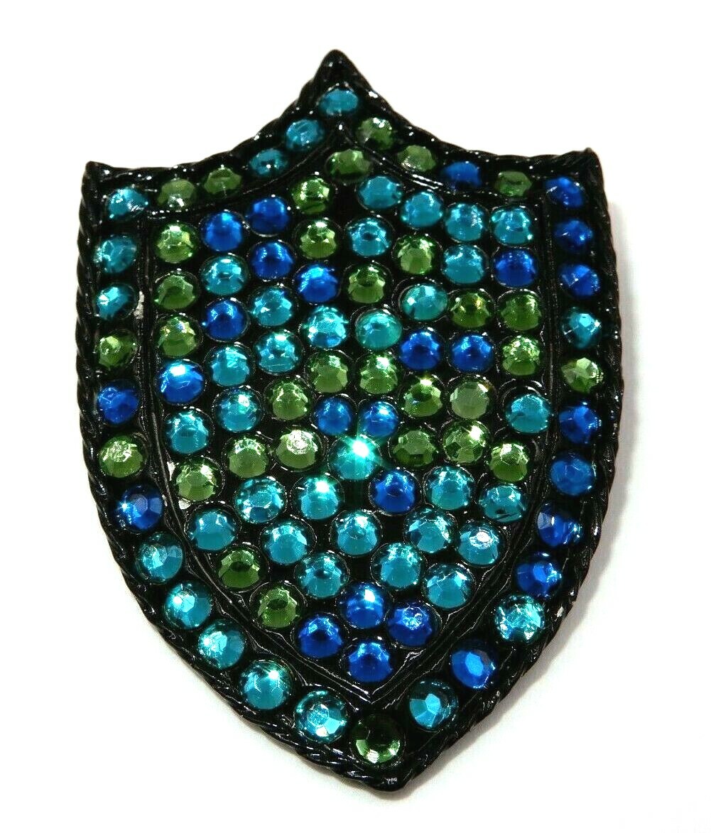 VINTAGE SIGNED MULTI-COLORED RHINESTONE SHIELD ENAMEL BACK PIN