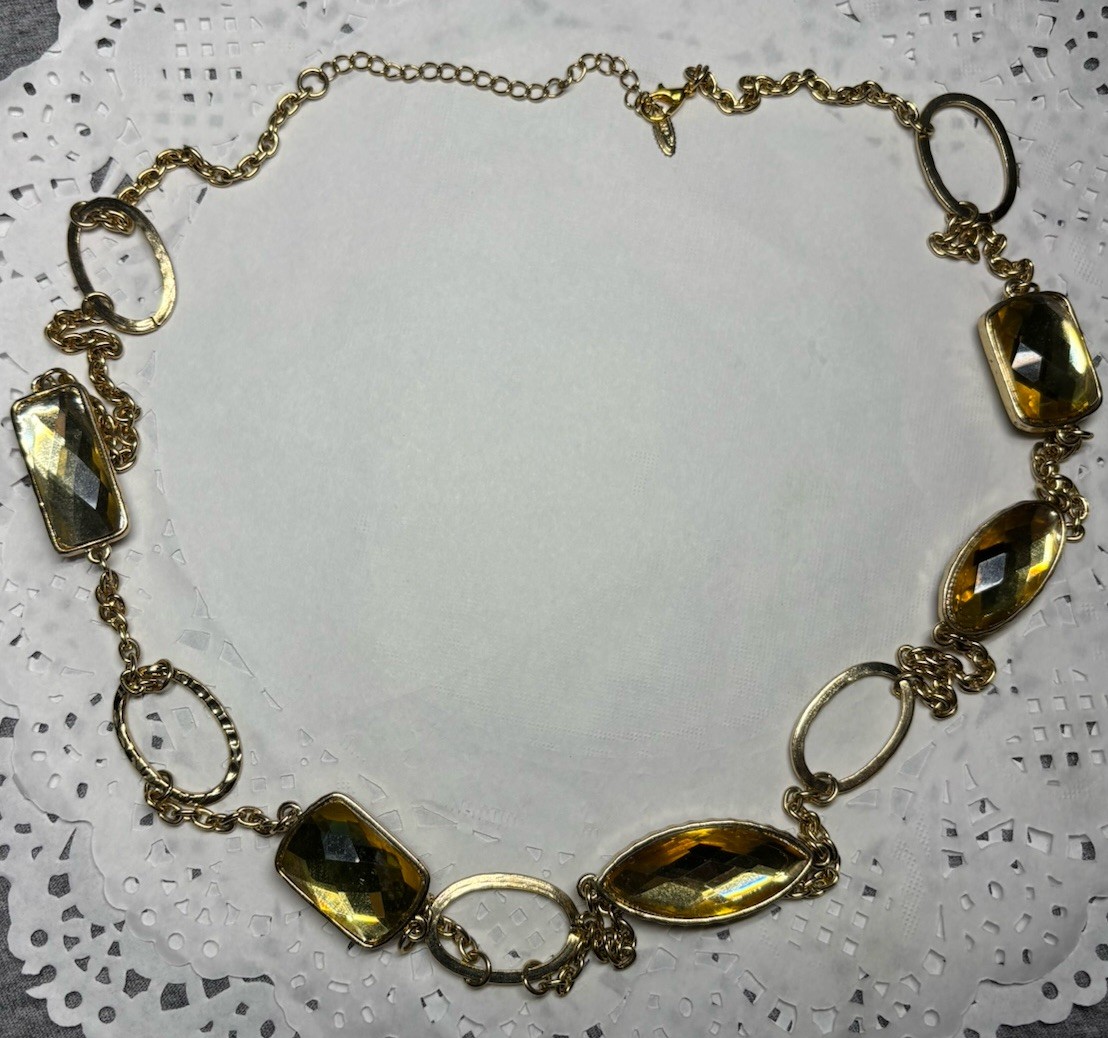 Vintage Necklace Faceted Acrylic VCLM Brown Yellow Green Stone 38” Metal