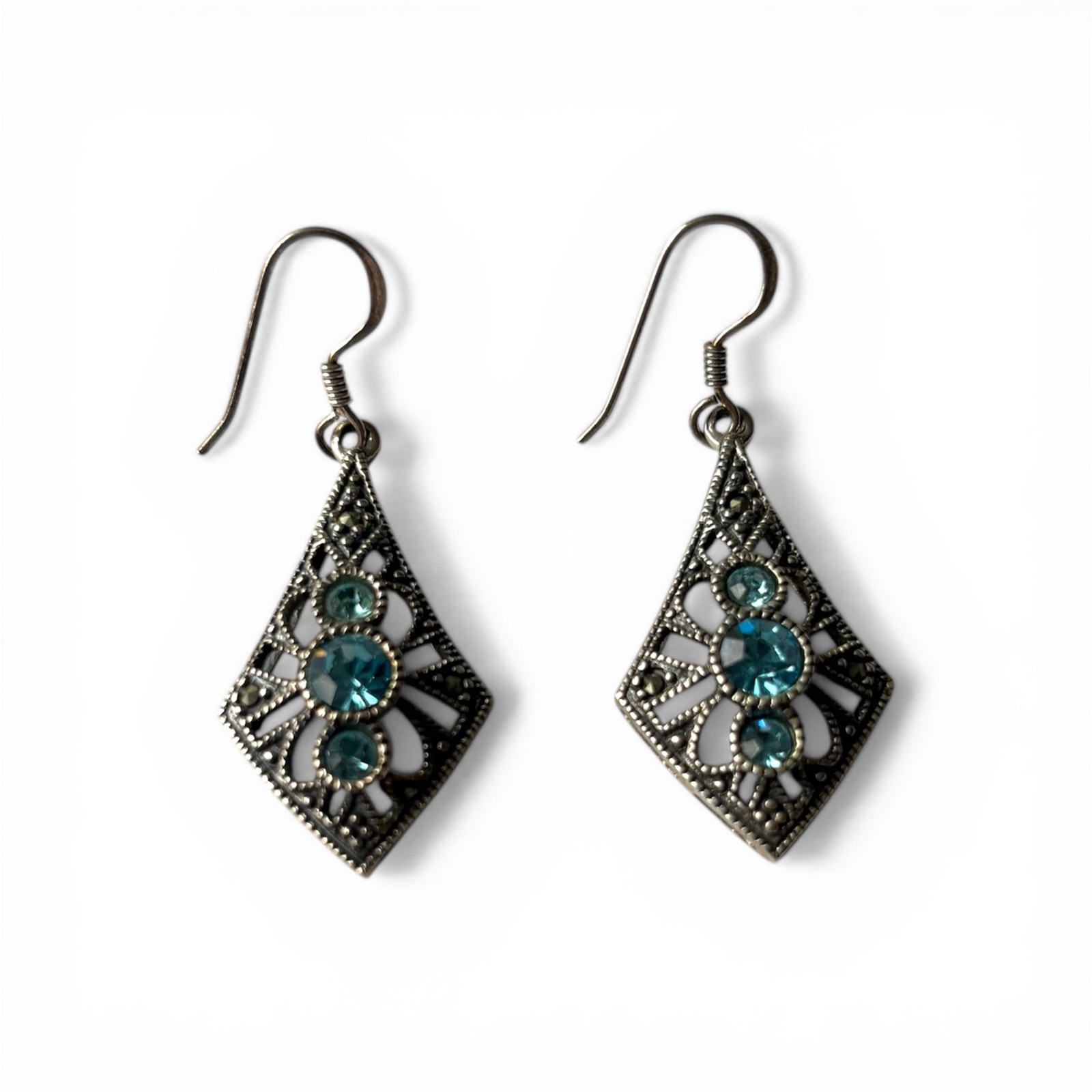 Vintage CW Sterling Silver Marcasite Blue Glass Art Deco Earrings