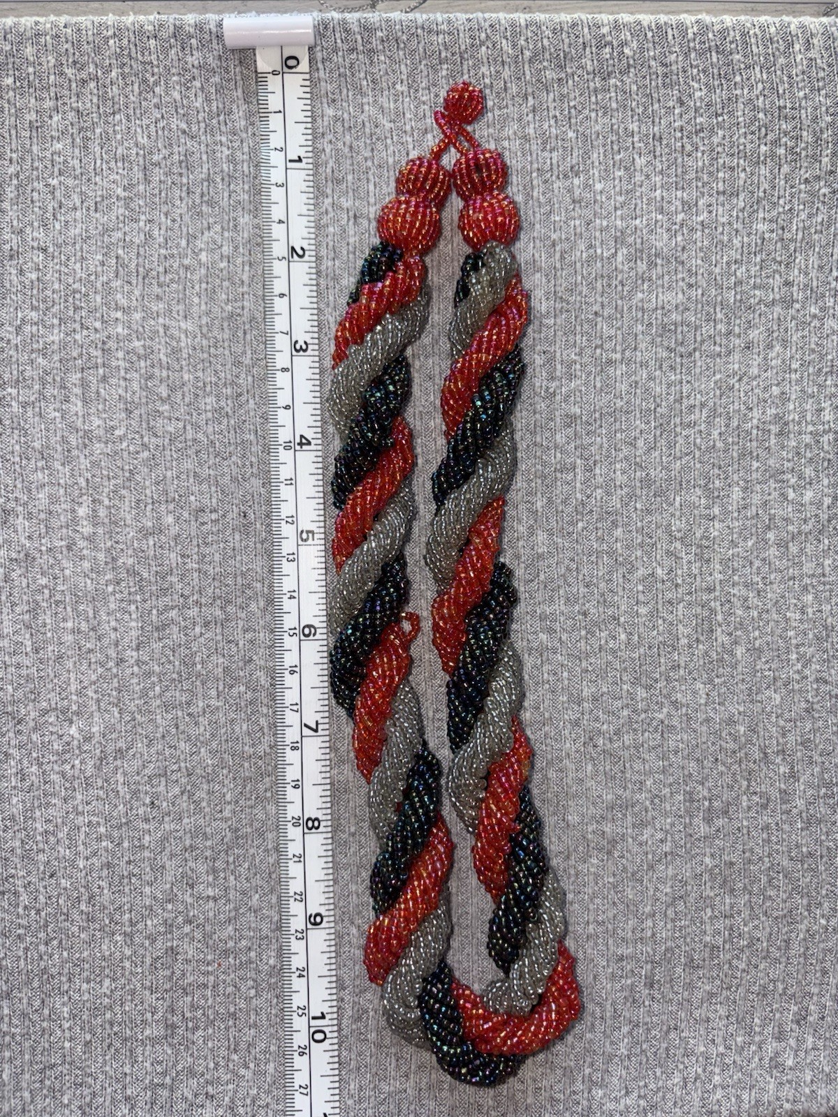Vintage red, iridescent & clear microbeaded thick chunky braided necklace