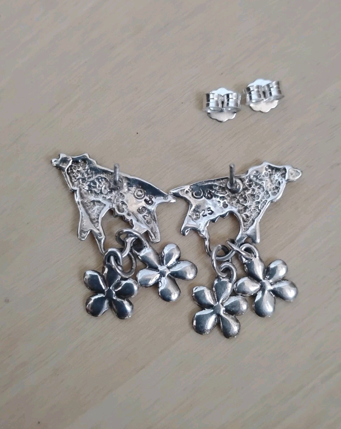 Vintage Shube Dakota West 925 Sterling Silver Cow Flower Dangle Earrings