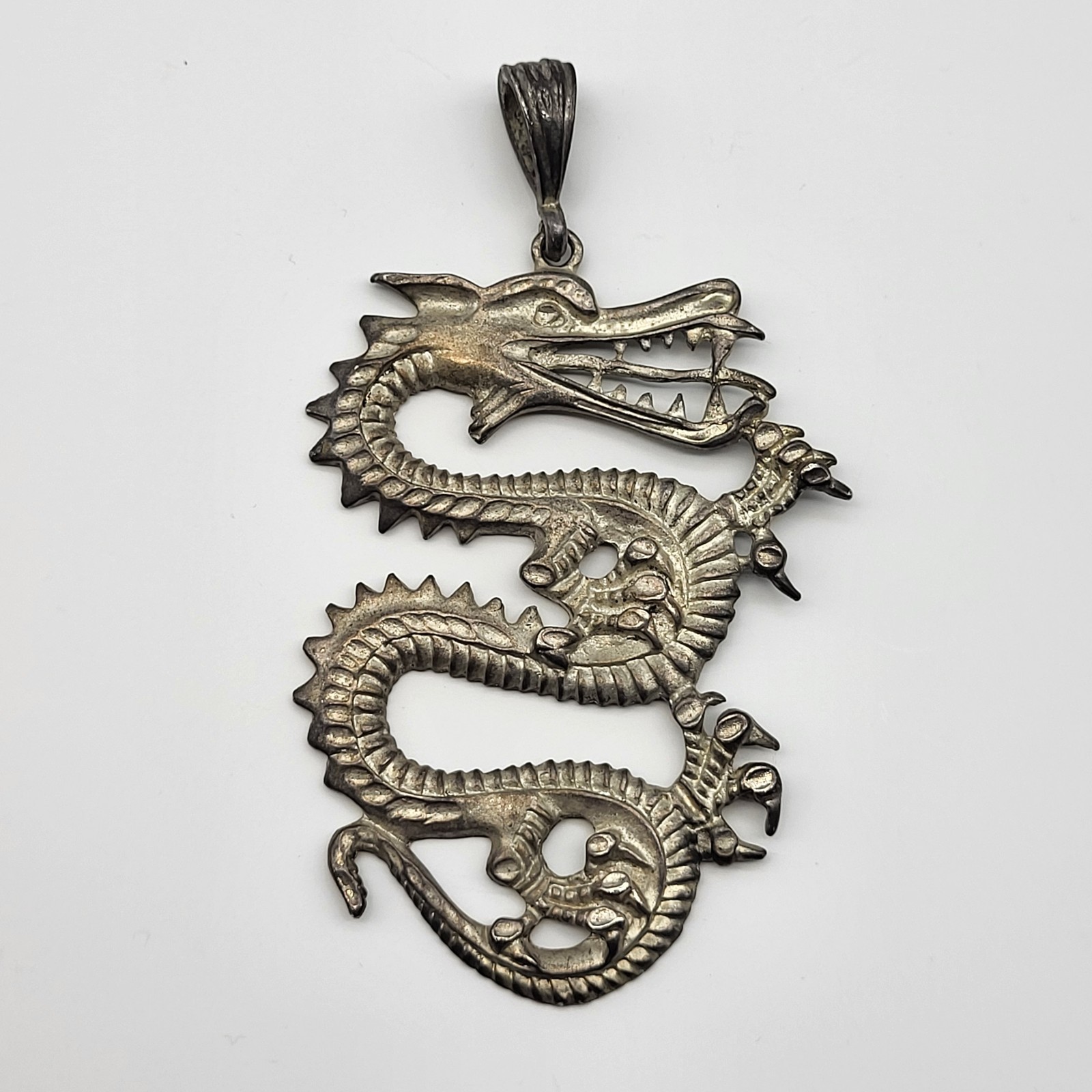 Amazing Large Vintage Dragon Pendant Y2K oversize Bling Silver plated funky
