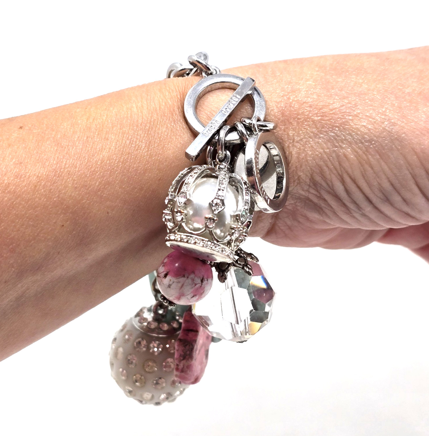 Vintage Tutti Frutti Beaded Charm Bracelet Silver Tone Stretch Heart Cross