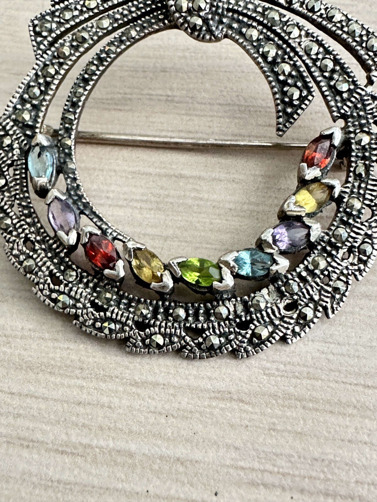 Sterling Silver Semi Precious Multicolor Stones and Marcasite Circle Bow Pin